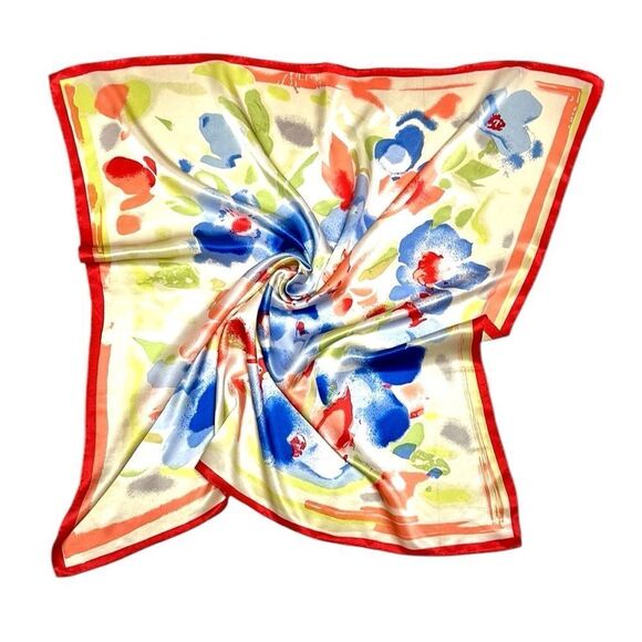 Silk Satin Square Scarf Floral Watercolor Print Hand Rolled Hand Printed 34x34” - Picture 3 of 12